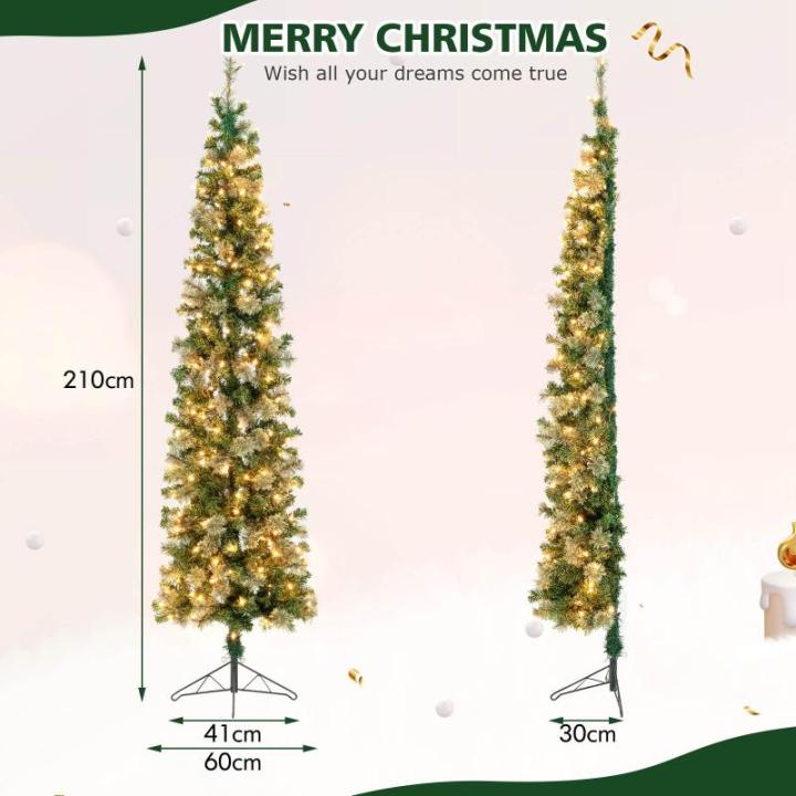 Künstlicher Bleistiftbaum 210 cm mit 150 LED-Lichtern, Halber Weihnachtsbaum mit 403 Zweige & Metallständer, Christbaum Tannenbaum Weihnachtsdekoration für Haus Geschäfte Büro