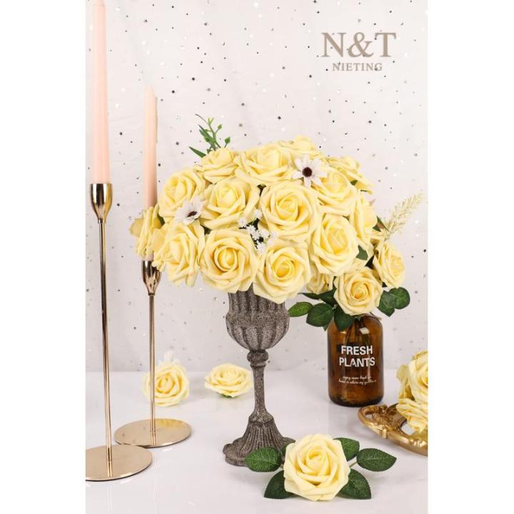Kunstrozen, 30 stuks, kunstrozen met steel, doe-het-zelf decoratie, voor bruiloft, boeketten, bruid, herfstdecoratie, woondecoratie, lichtgeel