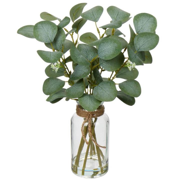 35 cm kunstmatige eucalyptus-takken met glazen vaas, eucalyptus-kunststof, plant, eucalyptus, , realistische eucalyptus, decoratie, zilverdollar voor bruiloft, tafeldecoratie kanto