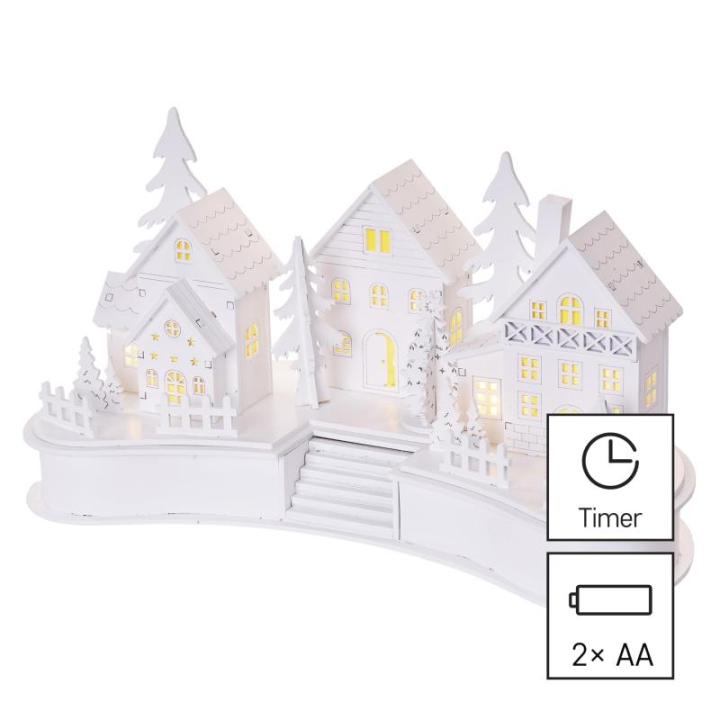 DCWW21 Lichtgevend kerstdorp van hout, 6 leds, warm wit licht, kerstdecoratie, winterdorp op batterijen (2 x AA), IP20 binnen, 6/18 uur timerfunctie, levensduur 10.000 uur