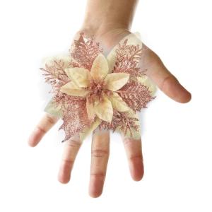 GL-Turelfies 12 stuks glitter kerstbloemen 15 cm met 12 clips kunstbloemen kerstboom kerstboom bloemen kerstdecoratie boom ornamenten (roségoud)
