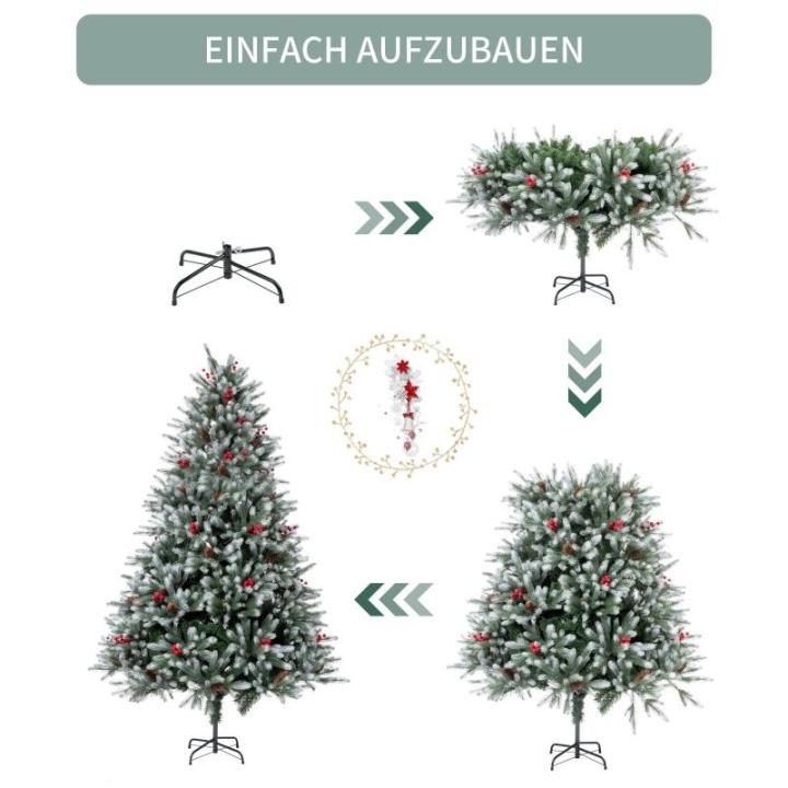 Kunstkerstboom, 210 cm, dicht gevulde takken, premium PE/pvc, kerstboom met dennenappels en rode bessen, houten standaard