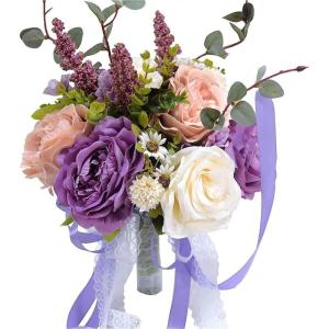 Hochzeitsstrauß for die Braut mit künstlichen Blumen, 10-Zoll-Hochzeitssträuße, künstlich blühende Rosen, Brautjungfernstrauß, Seidenrosen-Wurfsträuße.(Purple)