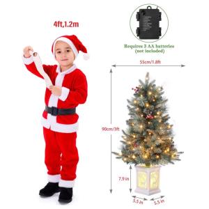 Kunstkerstboom met 78 warmwitte leds, 90 cm, werkt op batterijen, met 8 verlichtingsmodi, kerstboom met dichte takken, dennenboom met rode bessen