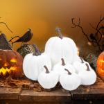 7 stuks kunstpompoenen, kunstpompoenen, Halloween-pompoenen, neppompoen voor Halloween-decoratie, festival, boerderij, keukentafel, wit