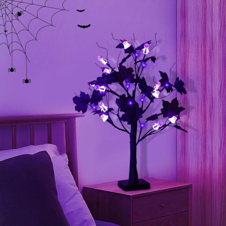 60CM Halloween Deko Künstliche Baumlampe mit 24 LED Geister Licht, Herbstdeko Lichterbaum LED Baum Lichter USB oder Batteriebetrieben Birkenbaum Tischlichter für Halloween Dekora