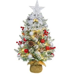 Mini-kerstboom met verlichting, led-tafel, rood, zilver, 60 cm