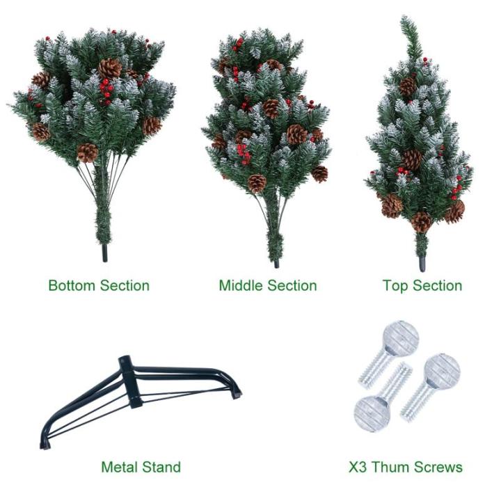 Kerstboom van 1,8 m met verlichting, dennenappels en bessen, PVC kunstkerstboom met sneeuw stroomde tips, kerstdecoratie kerst voor binnen en buiten