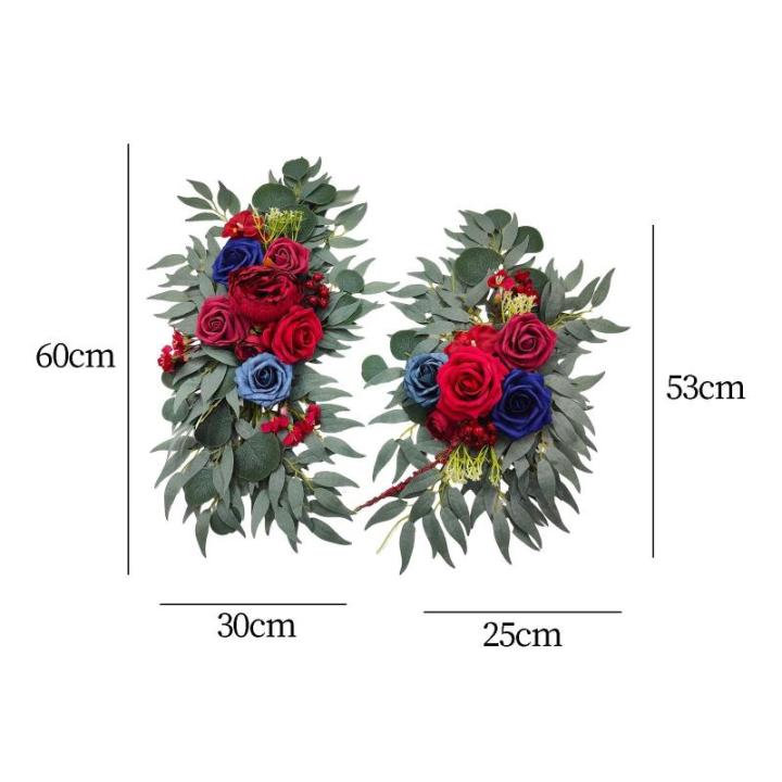 Bruiloftsboogbloemen, bloemenslingers voor bogen, woondecoratie, groene bladeren, kunstbloemenslingerset voor binnen, set van 2 voor recepties, rood blauw