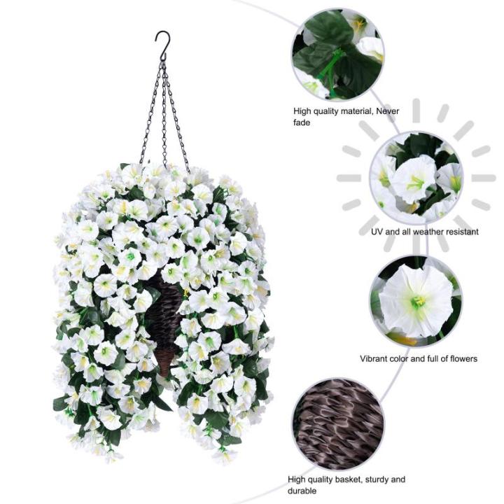 Kunstzijde hangende bloemen plantenmand voor lente zomer buiten buiten veranda decoratie, UV-bestendige nep nep wit ochtendglorie lange wijnstokken realistisch voor thuis balkon tu