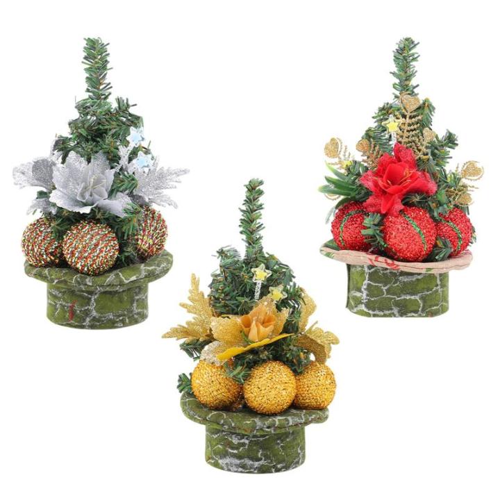 Eleganter Miniatur-Weihnachtsbaum mit goldenen Kugeln, Tannennadel, Schreibtisch-Dekoration für Büro, Urlaub, Dekoration, 5 Stück