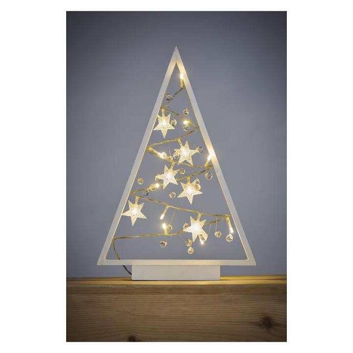 Lichtgevende kerstboom van hout, 15 leds, warm wit licht, kerstdecoratie, IP20 voor binnen, werkt op batterijen (2 x AA), levensduur 10.000 uur, 6/18 uur timer, 0,45 watt, 20 x 30 