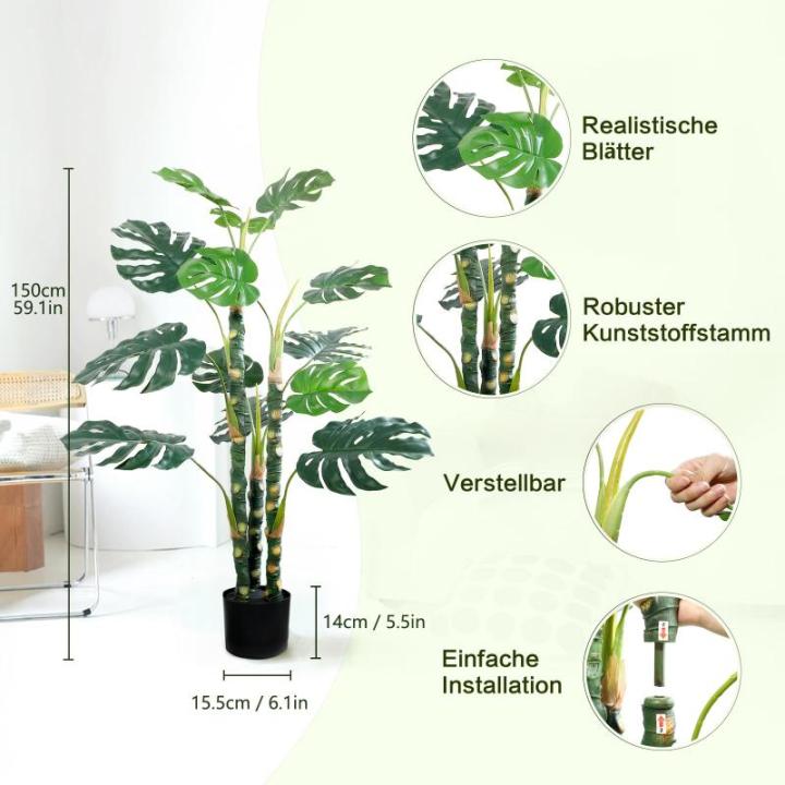 Monstera Monstera , 150 cm, ziet eruit als echt, Monstera decoratieve kunstplant voor thuis, woonkamer, slaapkamer, kantoor, tuin