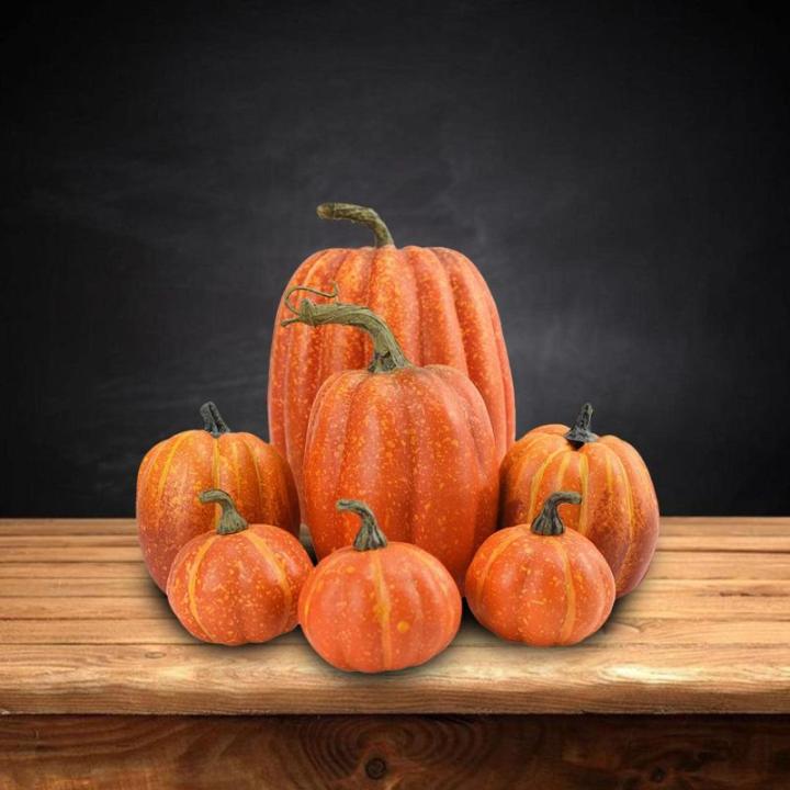 7 stuks kunstpompoenen, pompoen, decoratie, sierpompoen, kunstplantset voor Halloween, decoratie, herfstdecoratieset, 4 maten, geel