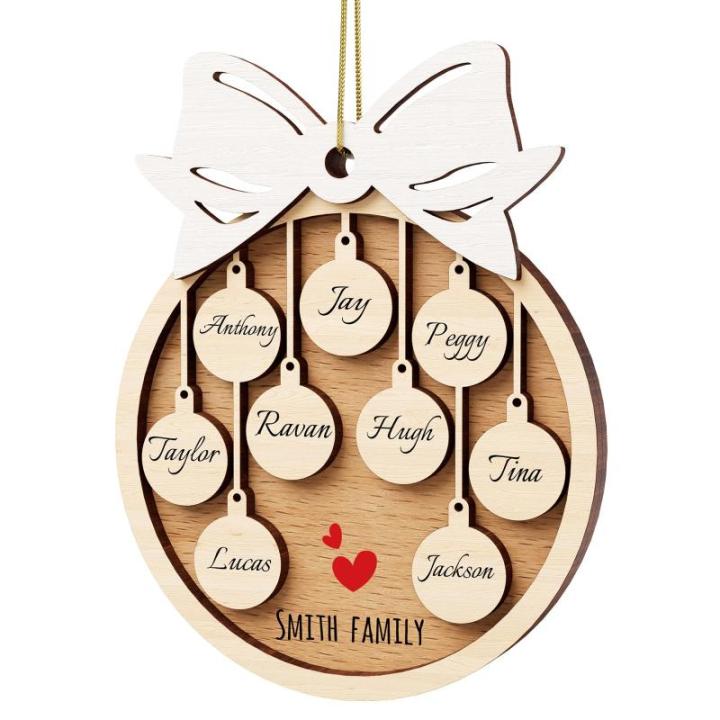 Gepersonaliseerde kersthangers met 9 namen - 2023 houten kerstboomversiering gepersonaliseerde familie, partner huisdier en vrienden
