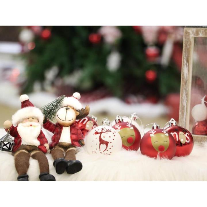 9 stuks 6cm , kerstboomballen, traditioneel rood en wit elandentekenthema, kerstboomversiering, uitgerust met touw kraftpapier inwikkeling