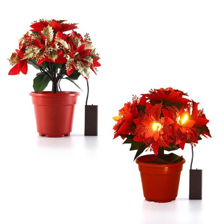 Verlichte kerststerren, kunstkerstbloemen, verlichte rood-gouden kerststerplanten in potten, kunstkerststerren van zijde, (B)