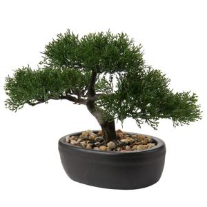 Kunstbonsai Natuurgetrouwe kunstplant, kunstboom, bonsai, ceder, grenen, podocarpus, plastic plant, kunstplant met keramische pot in zwart, voor badkamerdecoratie, desktop, kantoor