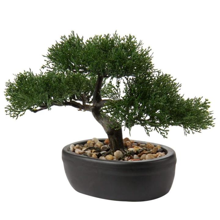 Kunstbonsai Natuurgetrouwe kunstplant, kunstboom, bonsai, ceder, grenen, podocarpus, plastic plant, kunstplant met keramische pot in zwart, voor badkamerdecoratie, desktop, kantoor