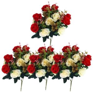 4 bundels begraafplaatsbloemen voor graf, rode begraafhofbloemen voor graf, valse rozen kunstbloemen voor graven, 12 bloemkoppen, zijden gedenkbloemen voor grafvaas, kunstbloemen 1