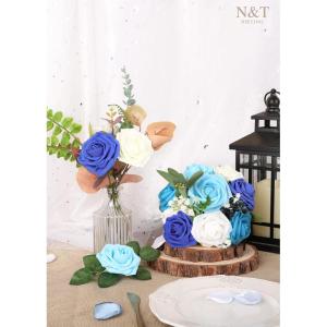 Kunstbloemen, rozen, 25 stuks, kunstrozen met steel, voor doe-het-zelf bruiloft, boeketten, feesttafels, woondecoraties, bruid, woondecoratie, gemengd blauw