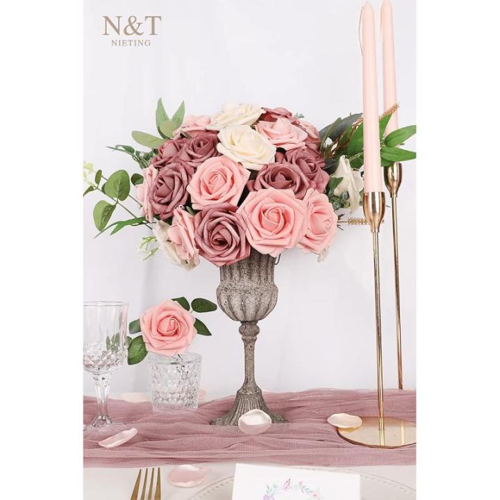 Kunstbloemen, rozen, 25 stuks, echt touch, rozenbloemen met steel, voor doe-het-zelf bruiloftsboeketten, bruidsdouche, tafelopzetstukken, bloemstukken, feesttafels, woondecoraties,