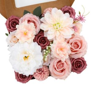 Künstliche Blumen Combo Rosa Blumen Mix Seidenblumen Dahlie Rosen mit Stielen für DIY Hochzeit Brautsträuße Babyparty Blumenarrangement Tischdekoration Heimdekorationen