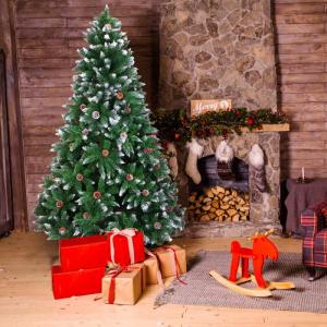 Kunstkerstboom, 120/150/180/210 cm, pvc-materiaal, verdikte takken, opvouwbaar, met robuuste sokkel, groen en wit met dennenappels, 150 cm