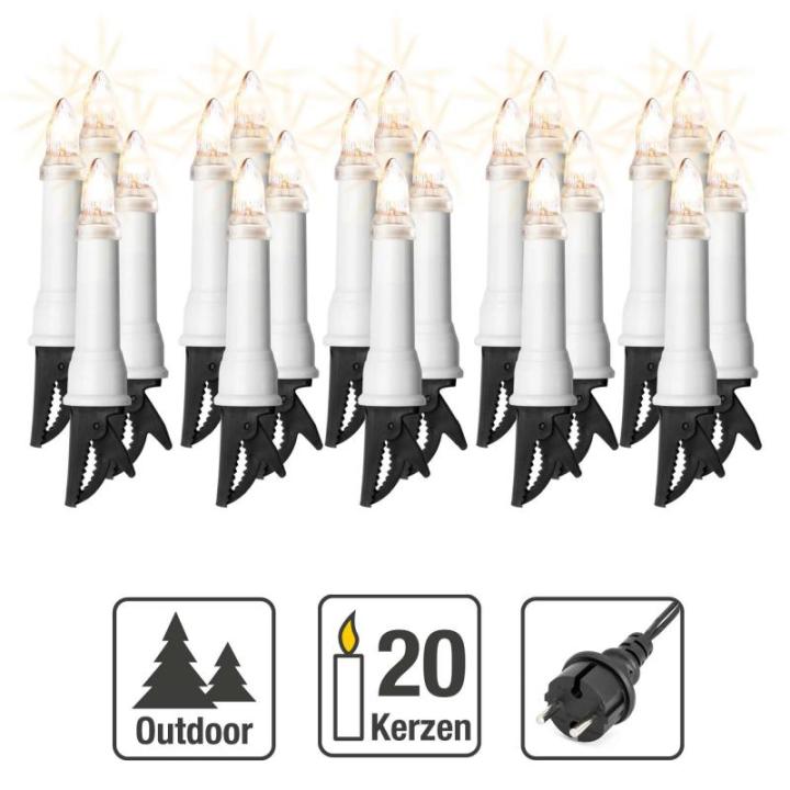 Christbaumbeleuchtung für innen & außen, 20x Riffel-Kerzen, Schaft weiß, Weihnachtsbaum Lichterkette mit grünem Kabel, Fassungsabstand 45 cm, inkl. Ersatzlämpchen 640205