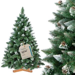 Kunstkerstboom, 150 cm, grenen met houten standaard, dennenboom, kunstkerstboom met natuurlijk wit besneeuwd, made in EU