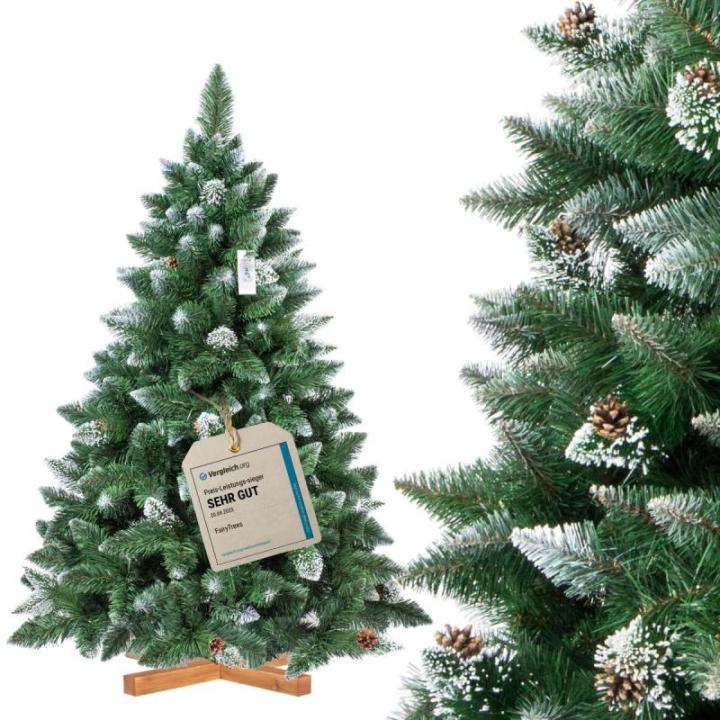 Kunstkerstboom, 150 cm, grenen met houten standaard, dennenboom, kunstkerstboom met natuurlijk wit besneeuwd, made in EU
