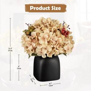 Kunstbloemen als echte kunstmatige hortensia, ivoor, decoratieve bloemen met bessen, in zwarte keramische vaas, bloemstuk voor kantoor, woonkamer, badkamer, herfst, decoratie