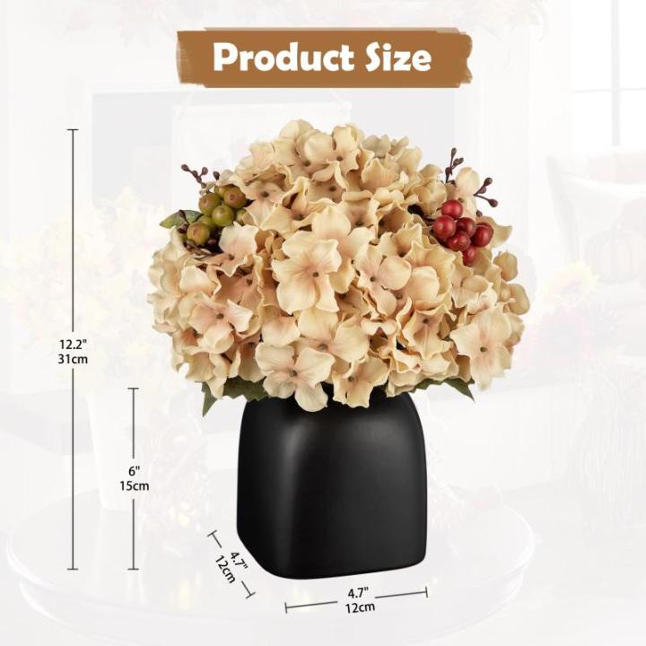 Kunstbloemen als echte kunstmatige hortensia, ivoor, decoratieve bloemen met bessen, in zwarte keramische vaas, bloemstuk voor kantoor, woonkamer, badkamer, herfst, decoratie