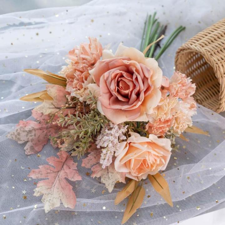 Kunstblumen Künstliche Pflanzen Blumen Deko Seidenblumen Rose Blumenarrangements Kernstück Hochzeit Blumenstrauß(Champagnerrosa)