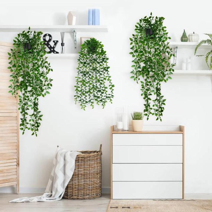 Hangende kunstplant in pot, 3 stuks hangplanten, , wijnstok, eucalyptus, tot 80 cm lang, plastic planten, decoratie, groene planten voor binnen en buiten, keuken, kamer, muur,