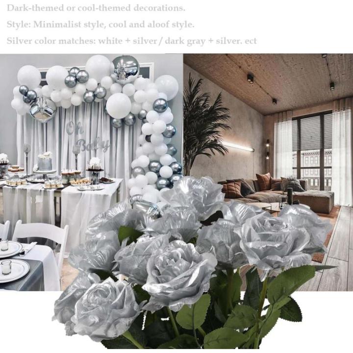 12 stuks Kunstmatige Rozen, 53cm Kunstrozen Enkele Lange Steel , Realistische voor Bruiloftsboeket, Thuis Tuin Woonkamer Hotel Kantoor Decoratie (Zilver)