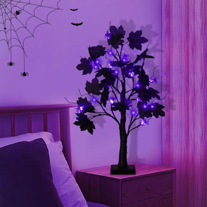 Halloween decoratie voor binnen, zwart esdoornblad, boomverlichting met 24 leds, Halloween-decoratie, griezelige lichtboom met led-spinnenlicht, berkenboom met timer voor Halloween