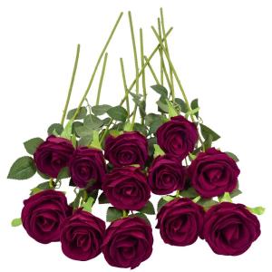 12 stuks donkerrode nepfluwelen rozen, echte touch kunstrozen met enkele lange steel, rode rozen voor thuis, tuin, feest, bruidsboeket, kantoordecoratie.