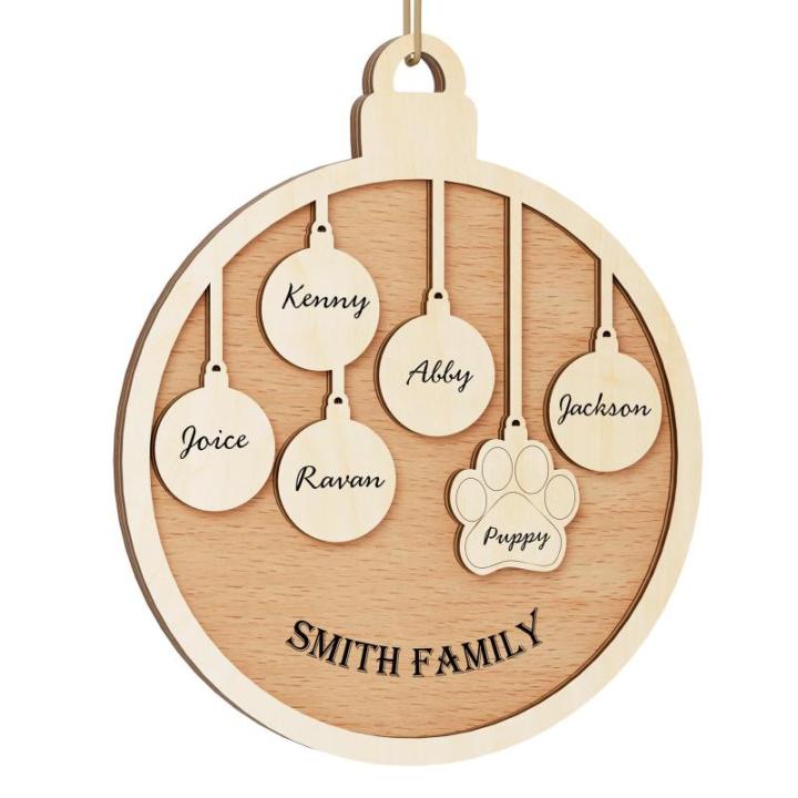 Gepersonaliseerde kersthangers met 5 namen - 2023 houten kerstboomversiering gepersonaliseerde familie, partner huisdier en vrienden