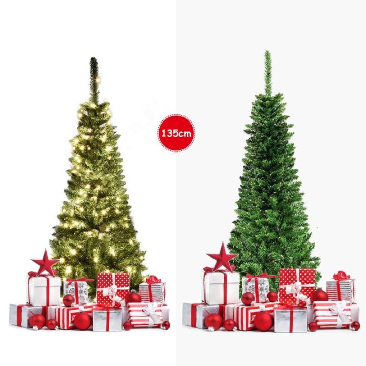 Kerstboom met warmwitte ledverlichting, kunstkerstboom met klapsysteem en metalen standaard, pvc-naalden, kunstboom, kerstgroen, 135 x 200 x 225 cm