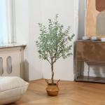 Kunstmatige eucalyptusboom 1,2 m hoge nep zilveren dollar bladeren eucalyptusplanten kunstzijde eucalyptus stengels, komen met geweven zeegras buikmand kunstplant voor huisdecorati