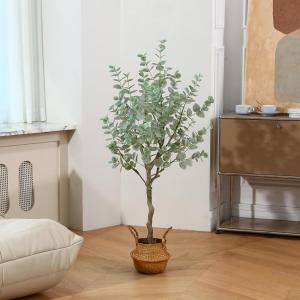 Kunstmatige eucalyptusboom 1,2 m hoge nep zilveren dollar bladeren eucalyptusplanten kunstzijde eucalyptus stengels, komen met geweven zeegras buikmand kunstplant voor huisdecorati