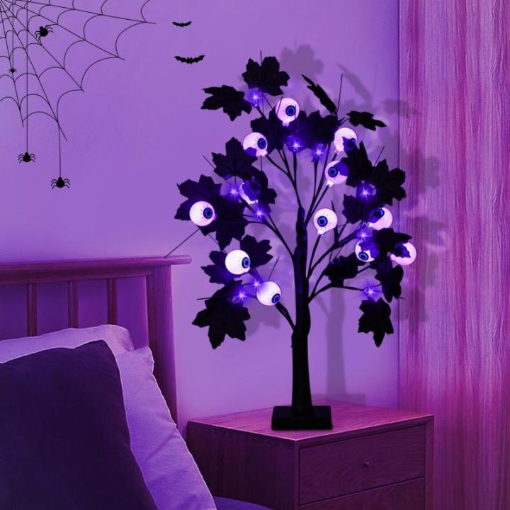 Halloween Dekor Innen Schwarz Ahornblatt Baum Lichter mit 24 LEDs,Halloween Deko Gruselig Lichterbaum mit LED Spinnenlicht,Birkenbaum mit Timer für Halloween Decoration Tischlicht