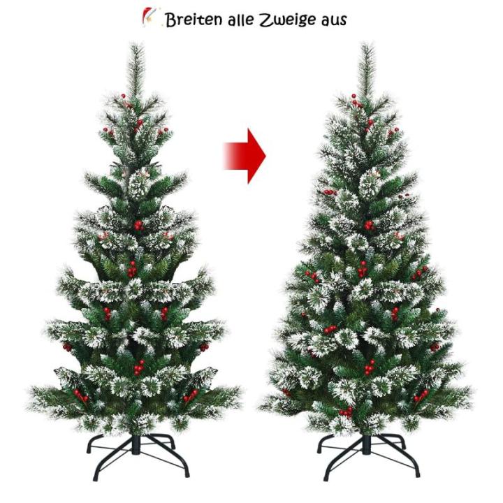150/180/210/240 cm kunstkerstboom met rode bessen, sneeuwbedekte dennenboom met metalen standaard, pvc- en dennennaalden, kunstboom, kerstklapsysteem (150 cm)