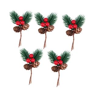 5st Kiefernzapfen Weihnachtsseidenbeere Baum Pflücken Rote Beerenstiele Künstliches Weihnachtsspray Künstliche Beerenpflücker Gefälschter Beerenstiel Große Tannenzapfen Vlies