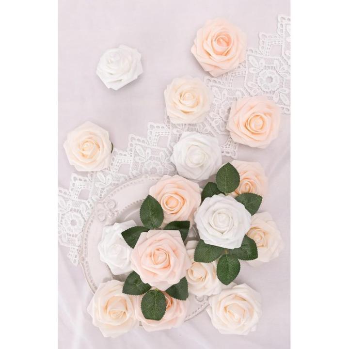 Kunstbloemen, rozen, 25 stuks, kunstrozen met stelen, kunstbloemen, rozen voor bruiloft, thuis, feest, babyshower, Valentijnsdag, decoratie, serie champagnekleur