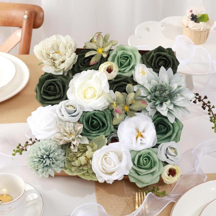 Groene kunstmatige bloem combo nep roos faux dahlia bloemen met stengels voor doe-het-zelf bruiloft bruidsboeket party woondecoratie