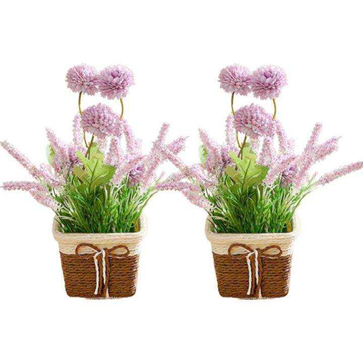 Künstliche Blumen in Töpfen 2pcs kleine realistische künstliche Hortensie Lavendel rustikale Kunststoffpflanzen mit Weaven -Topf gefälschte Bonsai -Pflanzen Hochzeitstisch Home