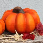 Pompoenset in fel oranje, herfstdecoratie, handgemaakte decoratieve pompoenen van klei voor binnen en buiten, weerbestendig en duurzaam, sierpompoenen, 3-delige set, perfecte Hallo