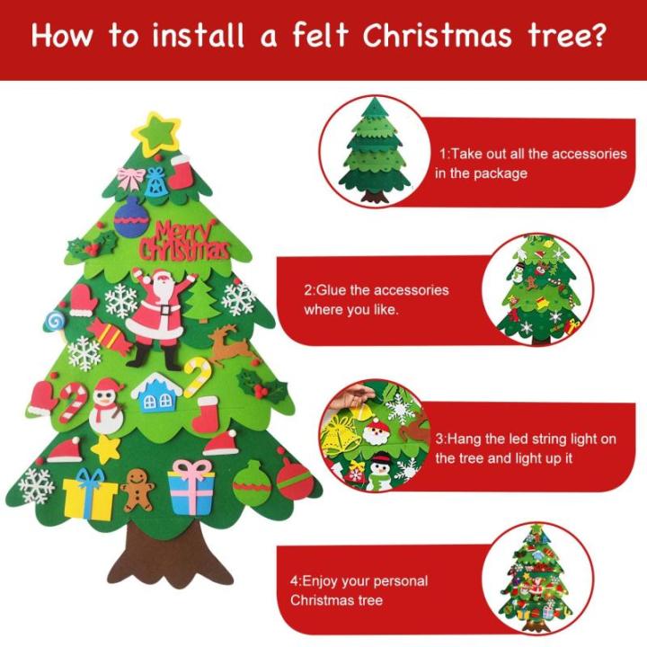 Doe-het-zelf vilten kerstboomset voor kinderen, kerstdecoratie, hangend decor met 32 afneembare ornamenten, voor thuis/deur/muur